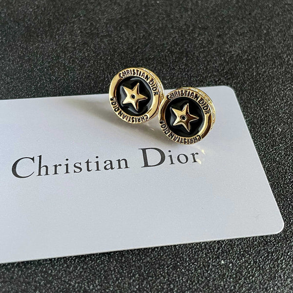 CD 26S Star Medallion Logo Stud Earrings In Black Enamel & Gold Tone Metal 631813
