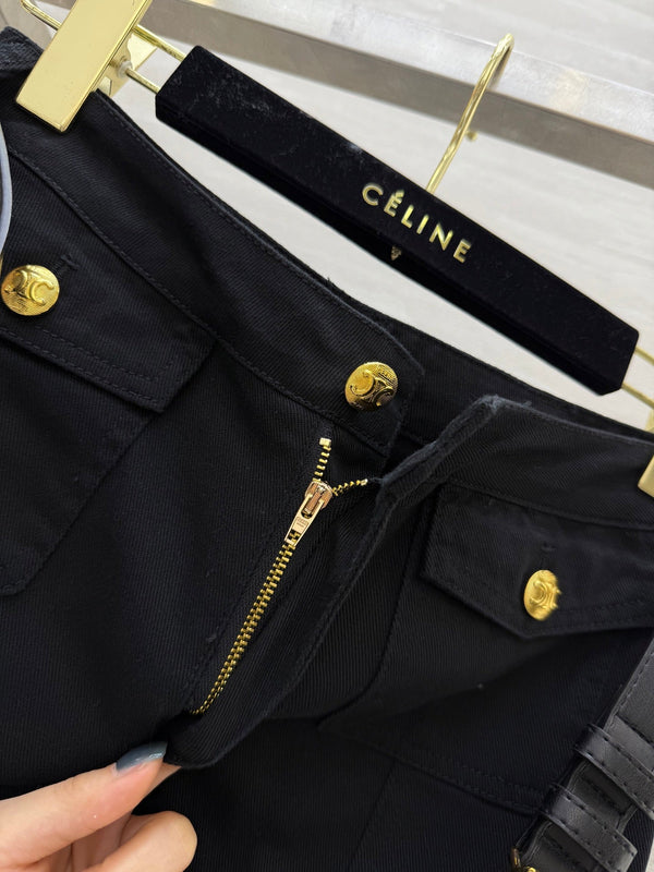 Celine 25 Denim Skirt with Logo Belt Black Cotton
