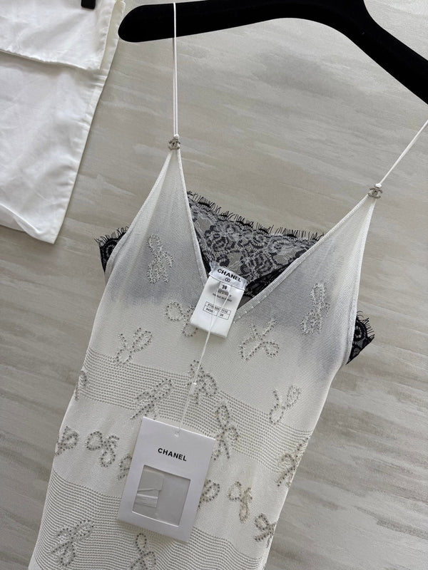 CC Rhinestone Bow Jacquard Embroidered Lace Dress White Cotton 346488