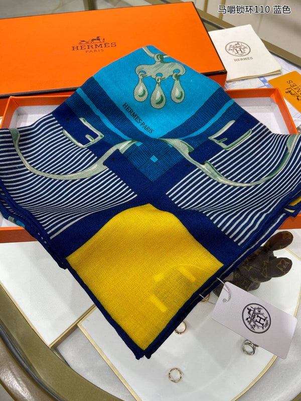 Mors a Jouets Chemise Shawl 110 CM In Blue Colorful Cashmere And Mulberry Silk 253303