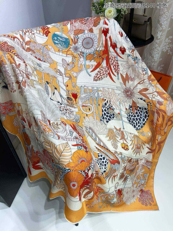 Square Scarf 140 CM Yellow Orange Colorful Cashmere And Silk