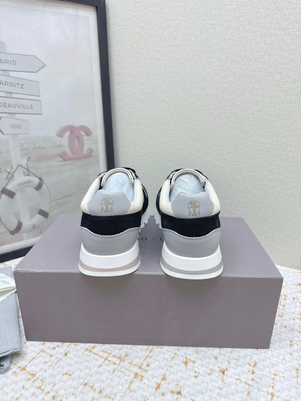 Brunello Panelled Sneakers Ivory Black Grain Leather Suede 625361