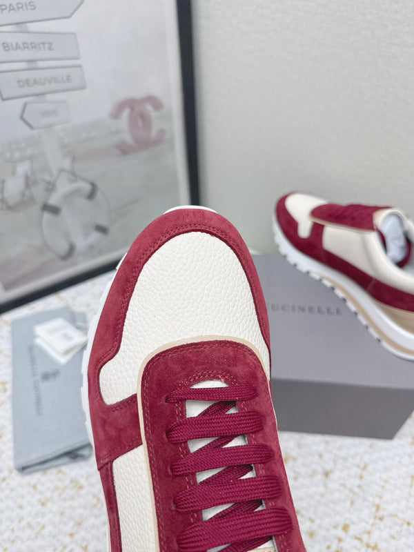 Brunello Panelled Sneakers Ivory Burgundy Grain Leather Suede 625364