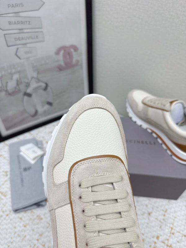 Brunello Panelled Sneakers Beige Taupe Grain Leather Suede 625367