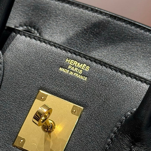 HM Birkin 30 Black Swift Leather Grey Canvas Gold Hardware
