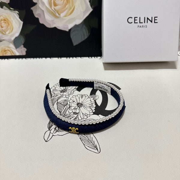 NAVY BLUE DENIM FABRIC HAIRBAND WITH PEARL CHAIN 400483