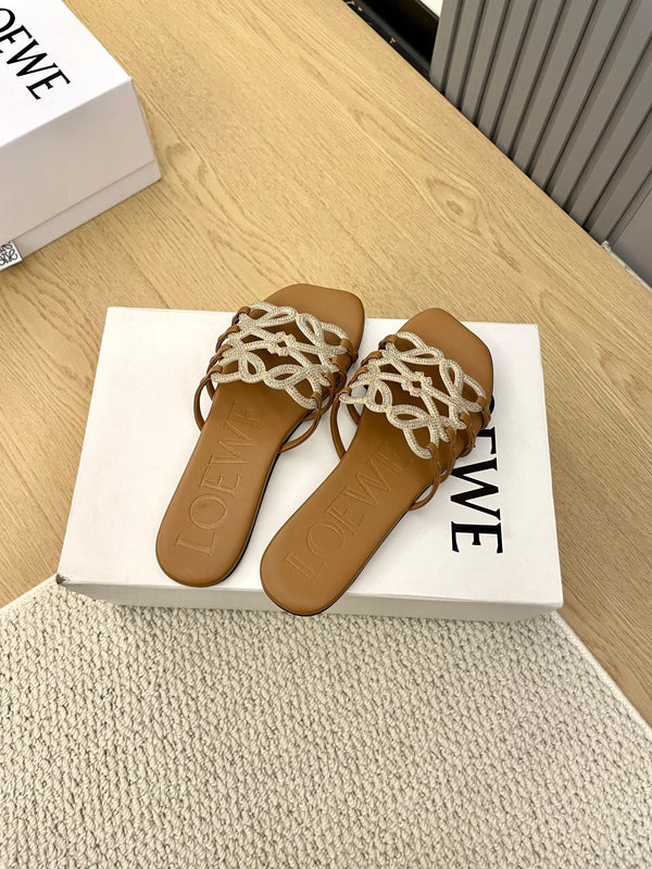 Loewe Petal Anagram Rhinestone Slides Brown Leather 723132