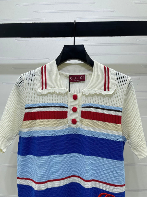 GG 26s Hollow Striped Collared Knit Short Sleeve 406541