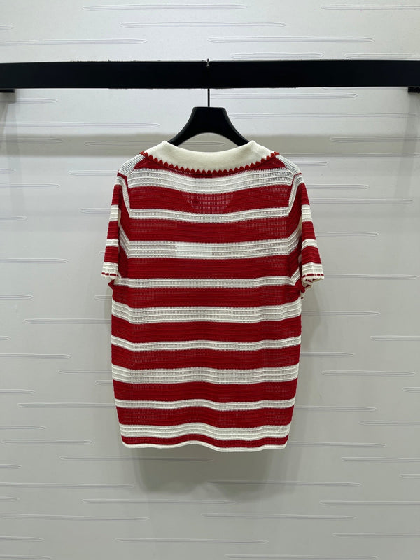 CC 26s Striped Collared Knit Short-Sleeved Top White Red 406562
