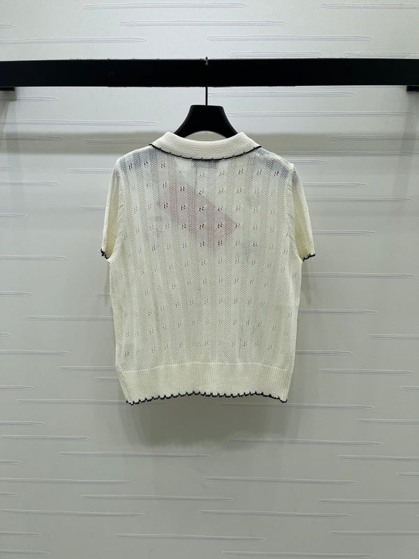 GG 26s Hollow Striped Collared Knit Short Sleeve White Wool 406537