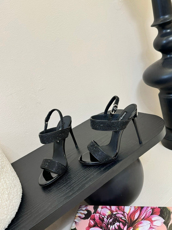 DC Satin Sandals Black Sheepskin & Fusible Rhinestones 313668