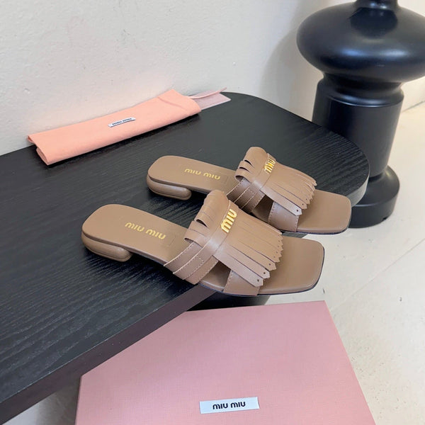 Miu 26s Flat Slippers In Brown Calfskin