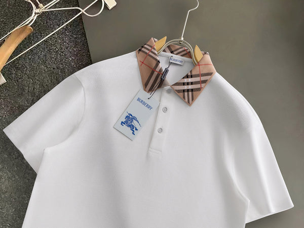 Burberry Men Check Colla Polo Shirt White Cotton