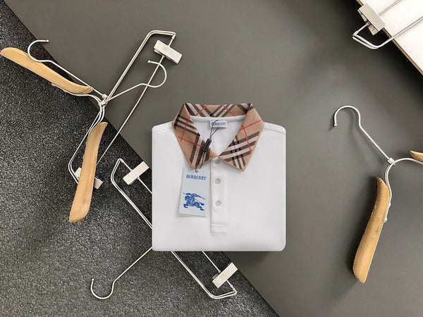 Burberry Men Check Colla Polo Shirt White Cotton
