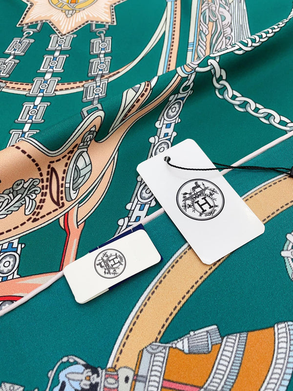 Stately Wheels Scarf 90 CM Dark Green Colorful Silk Twill 312875