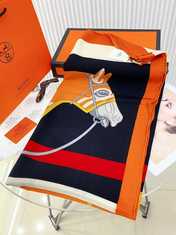 Cheval a la Couverture Scarf 140 CM In Black Colorful Cashmere And Silk 344367