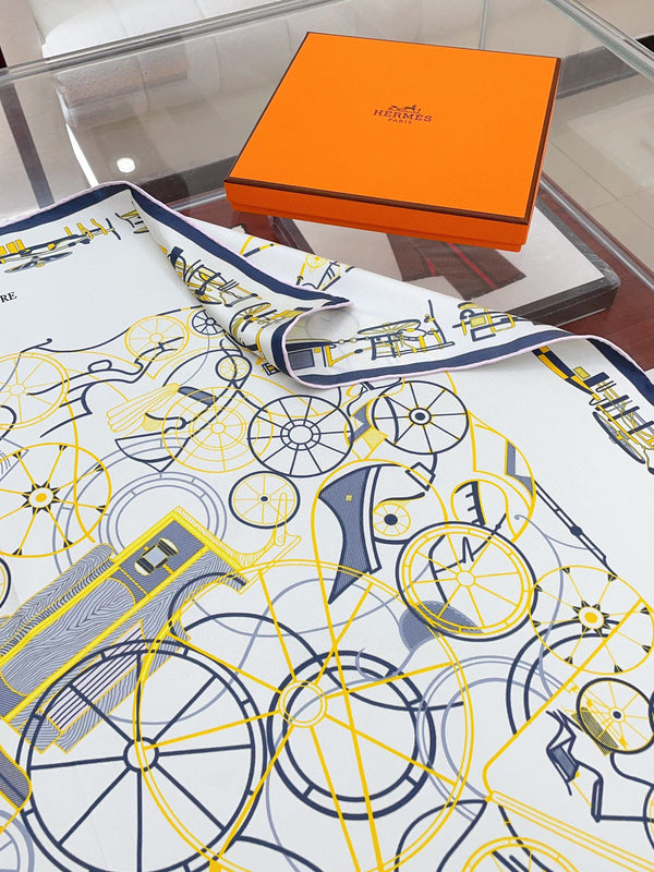 Complication Equestre Scarf 90 CM In White Yellow Coloful Silk Twill 345898