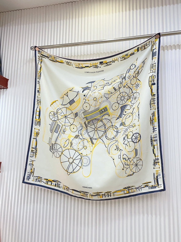 Complication Equestre Scarf 90 CM In White Yellow Coloful Silk Twill 345898