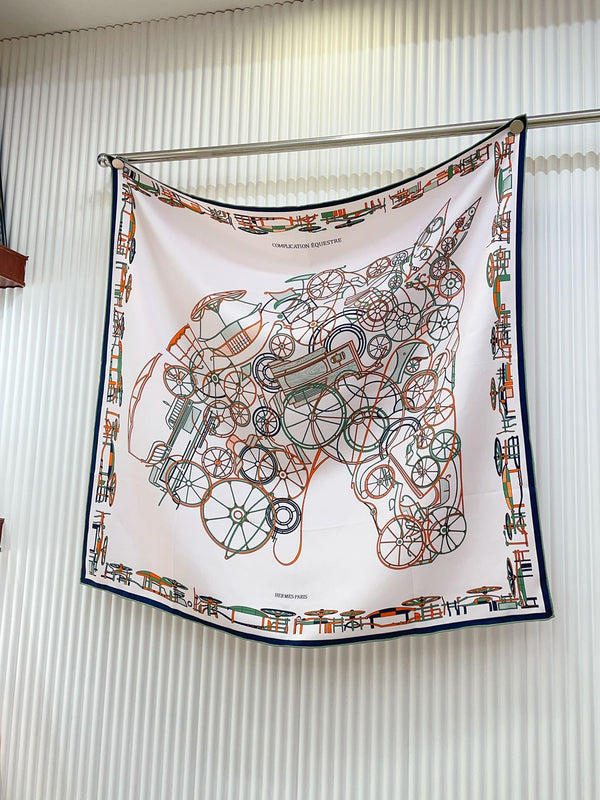 Complication Equestre Scarf 90 CM In White Red Coloful Silk Twill 345900