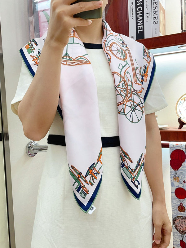 Complication Equestre Scarf 90 CM In White Red Coloful Silk Twill 345900