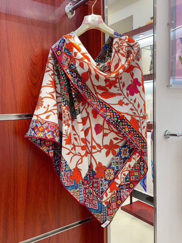 Le Jaguar Et Le Colibri Shawl 135 CM Red Colorful Cashmere And Silk 357904