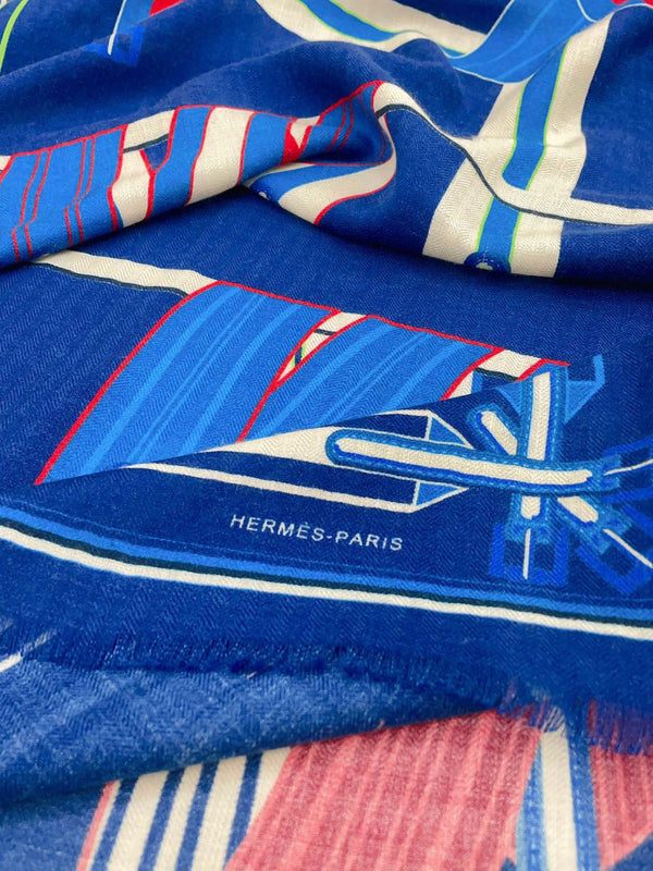 Les Sangles En Finesse Rectangle Scarf 180 CM In Dark Blue Colorful Cashmere And Silk 373657