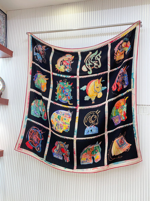 Chevaloscope Scarf 140 CM In Black Colorful Cashmere And Silk 373661
