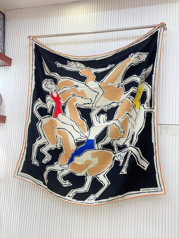 Choregraphie Equestre Pareo Scarf 140 CM Black Colorful Cashmere And Silk 393169