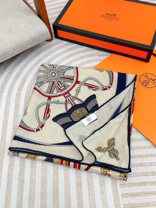 Stately Wheels Scarf 140 CM White Colorful Cashmere And Silk 394588