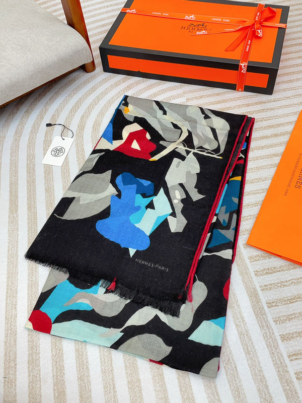 Scarf 180 CM Black Colorful Mashmere And Silk 403888