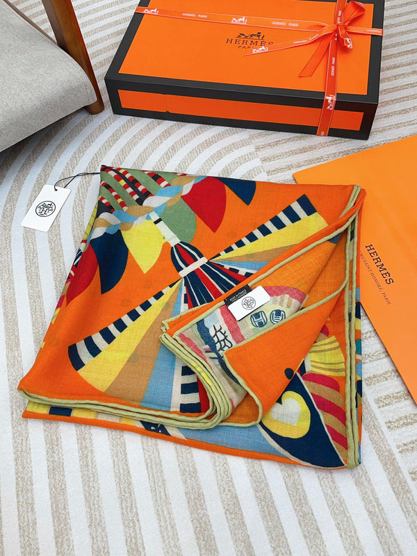 Haute Parure Scarf 135 CM Orange Colorful Cashmere And Silk 405068