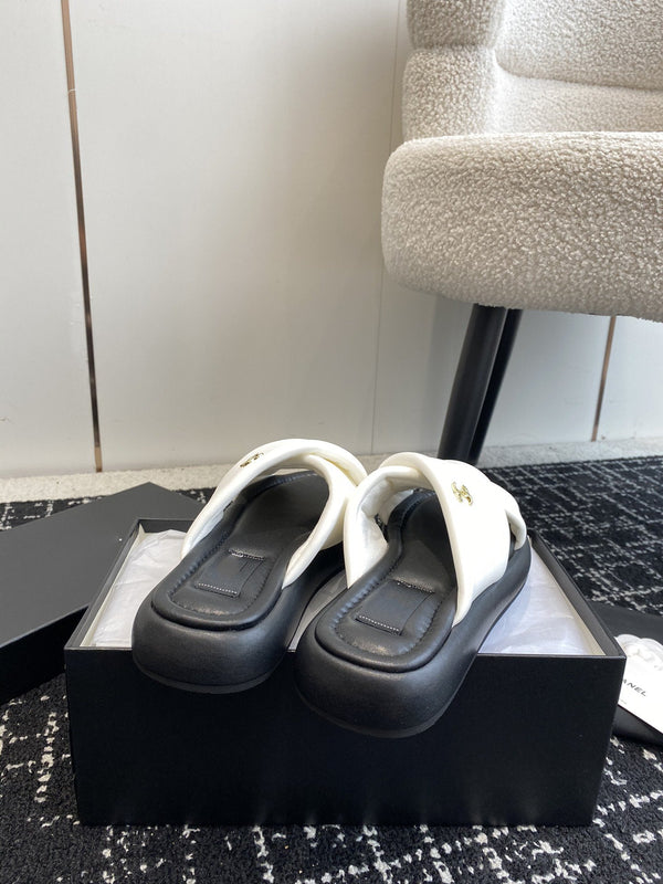 cross puffy slippers white black lycra fabric