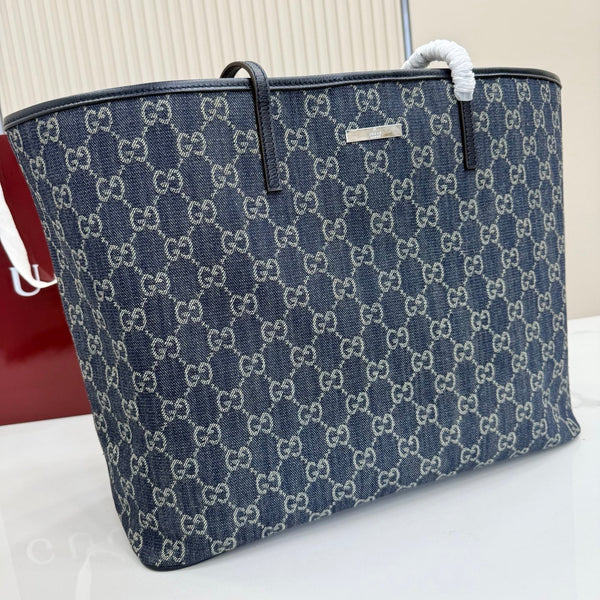 GG Tribeca Large Tote Bag Dark Blue Canvas Cowhide 141726