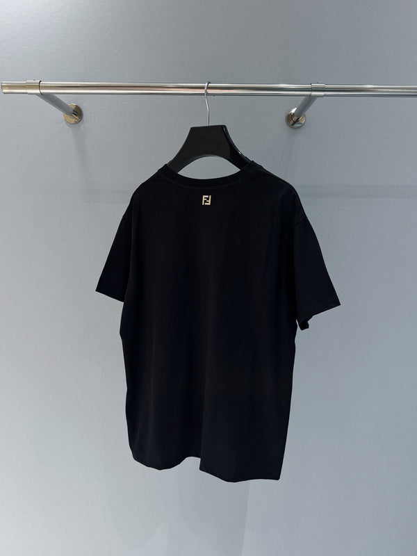 Fendi 25 Baguette Print Round Neck Short Sleeves Black Cotton