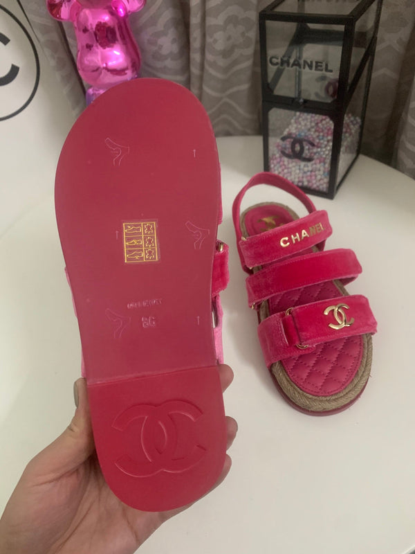 CC 26s Strappy Sandals In Pink Velvet With Rope Sole Gold Hardware