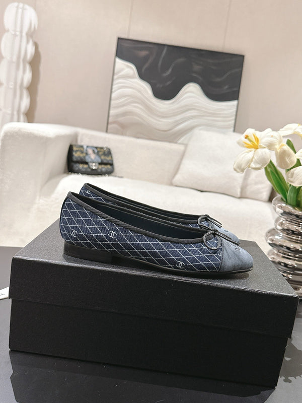 cc 25c ballet flat cross line pattern dark blue denim 237480