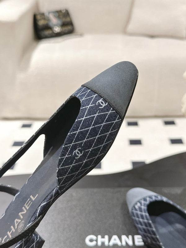 cc 25c slingback flat 15mm cross line pattern dark blue denim 237486