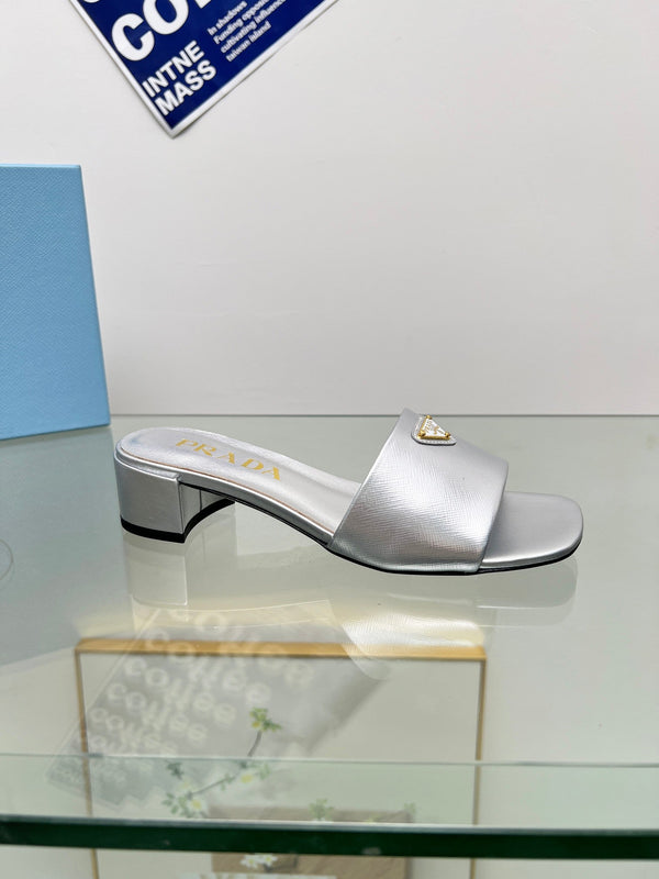 Prad 26s Saffiano Slides 4cm Sliver Glossy Leather 986627