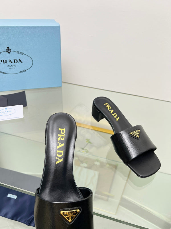 Prad 26s Saffiano Slides 4cm Black Glossy Leather 986628