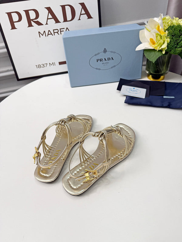 Prad 26s Knotted Metallic Leather Flat Sandals Gold Metalic Leather 986578