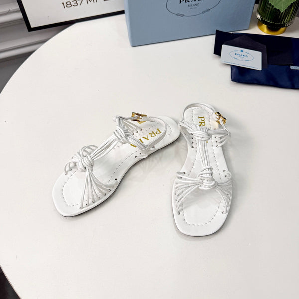 Prad 26s Knotted Metallic Leather Flat Sandals White Leather 986576