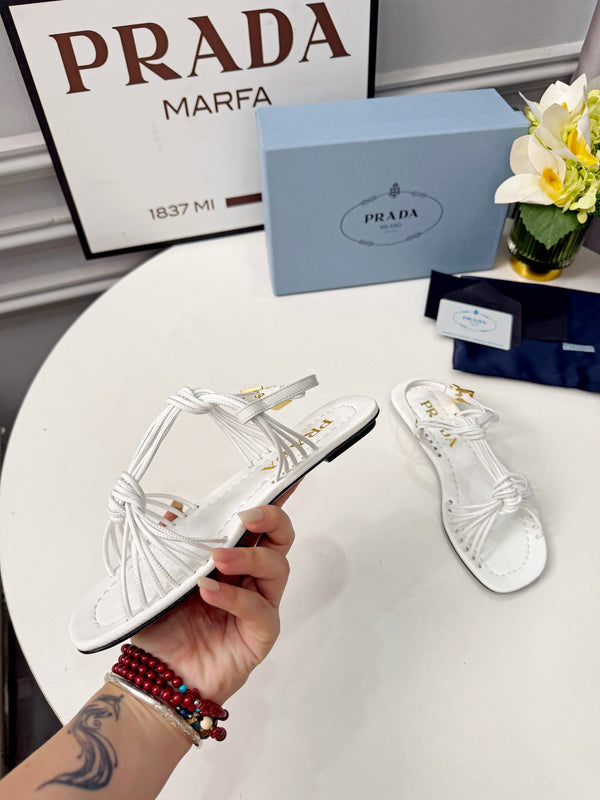 Prad 26s Knotted Metallic Leather Flat Sandals White Leather 986576