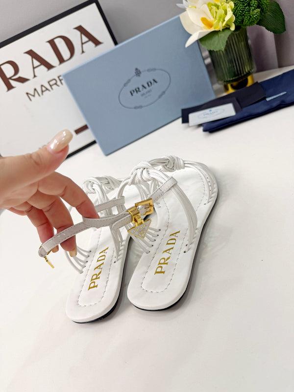 Prad 26s Knotted Metallic Leather Flat Sandals White Leather 986576