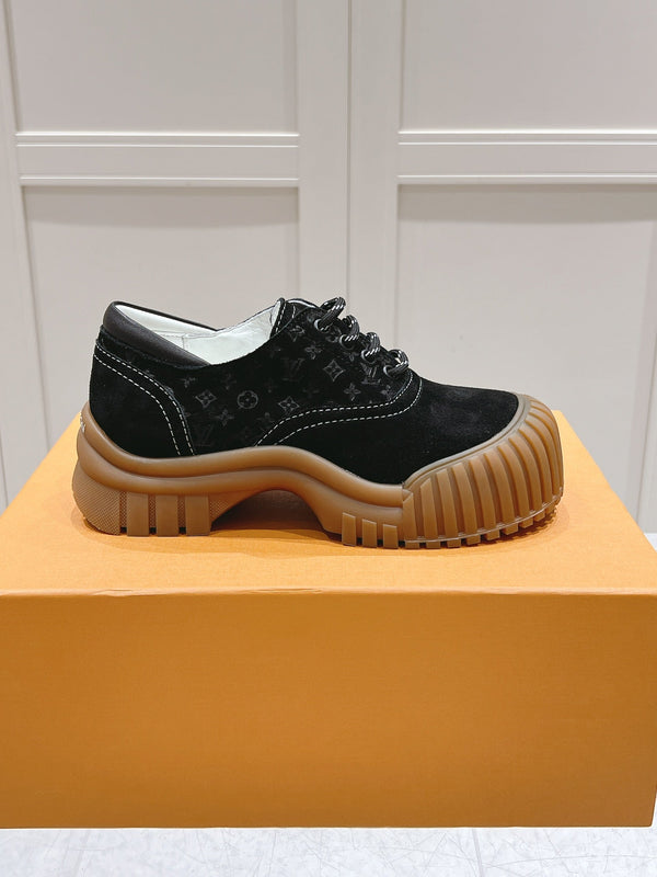 LV Ruby Flat Derby Sneaker Black Embossed Suede 480788