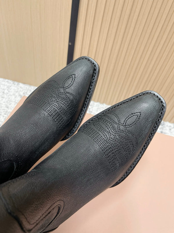 Miumiu Latest FW Western Cowboy Boots Black Genuine Leather 533964