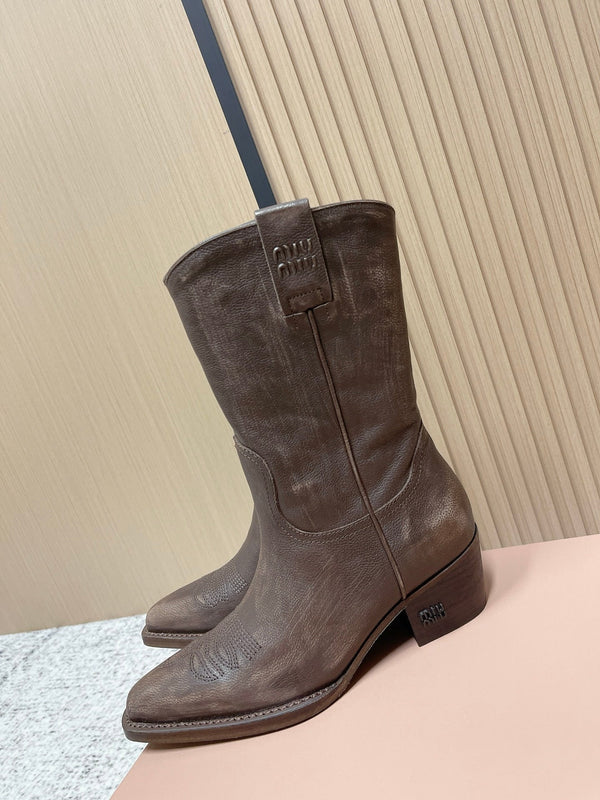 Miumiu Latest FW Western Cowboy Boots Brown Genuine Leather 533965