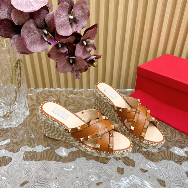 Rockstud Crisscross Espadrilles 80mm Sandal Wedges Brown