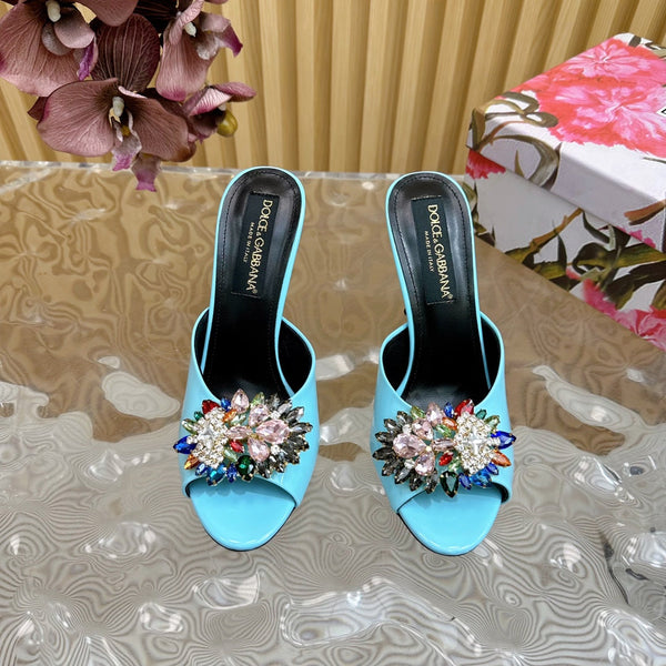 DC Rhinestone Buckle Mules Clear Blue Silk & Sheepskin 926029