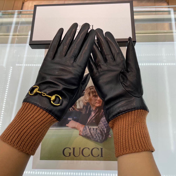 HORSEBIT GLOVES IN BLACK LAMBSKIN MIX GINGERBREAD BROWN WOOL 465052