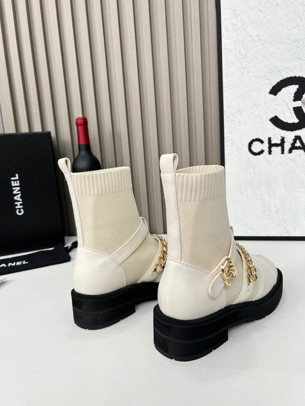 CC 26s Combat Sock Boots White Calfskin Ribbed Knit 924506